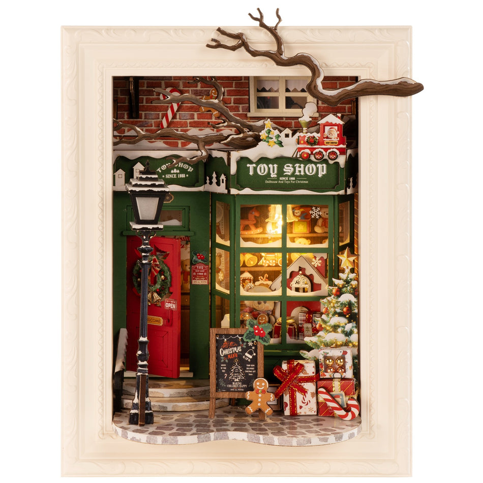 Produktfoto der Robotime Santa’s Toy Shop, Diorama eines weihnachtlich dekorierten Ladens mit Lichtern