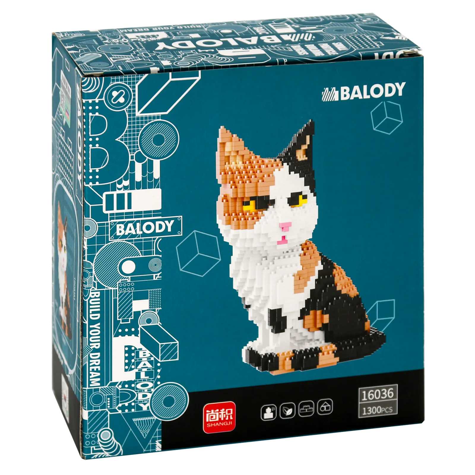 Rückseite der Verpackung der Balody Miniblocks Schildpatt Katze