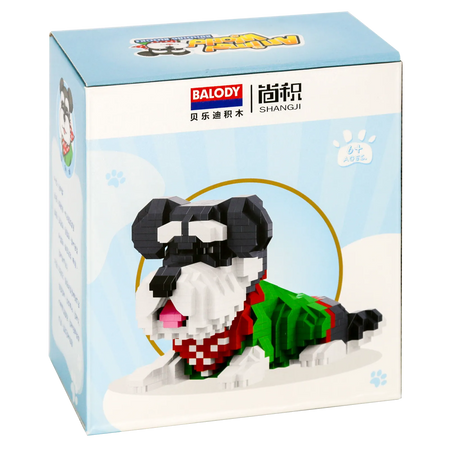 Rückseite der Verpackung der Balody Miniblocks Schnauzer in Freizeitkleidung und rotem Halstuch