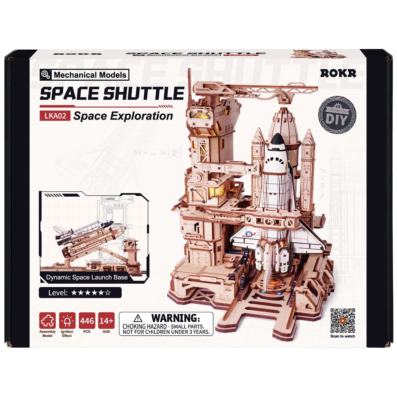 Vorderseite der Verpackung der Robotime Space Shuttle, Holzbausatz eines Raumfahrzeugs auf einer Startrampe
