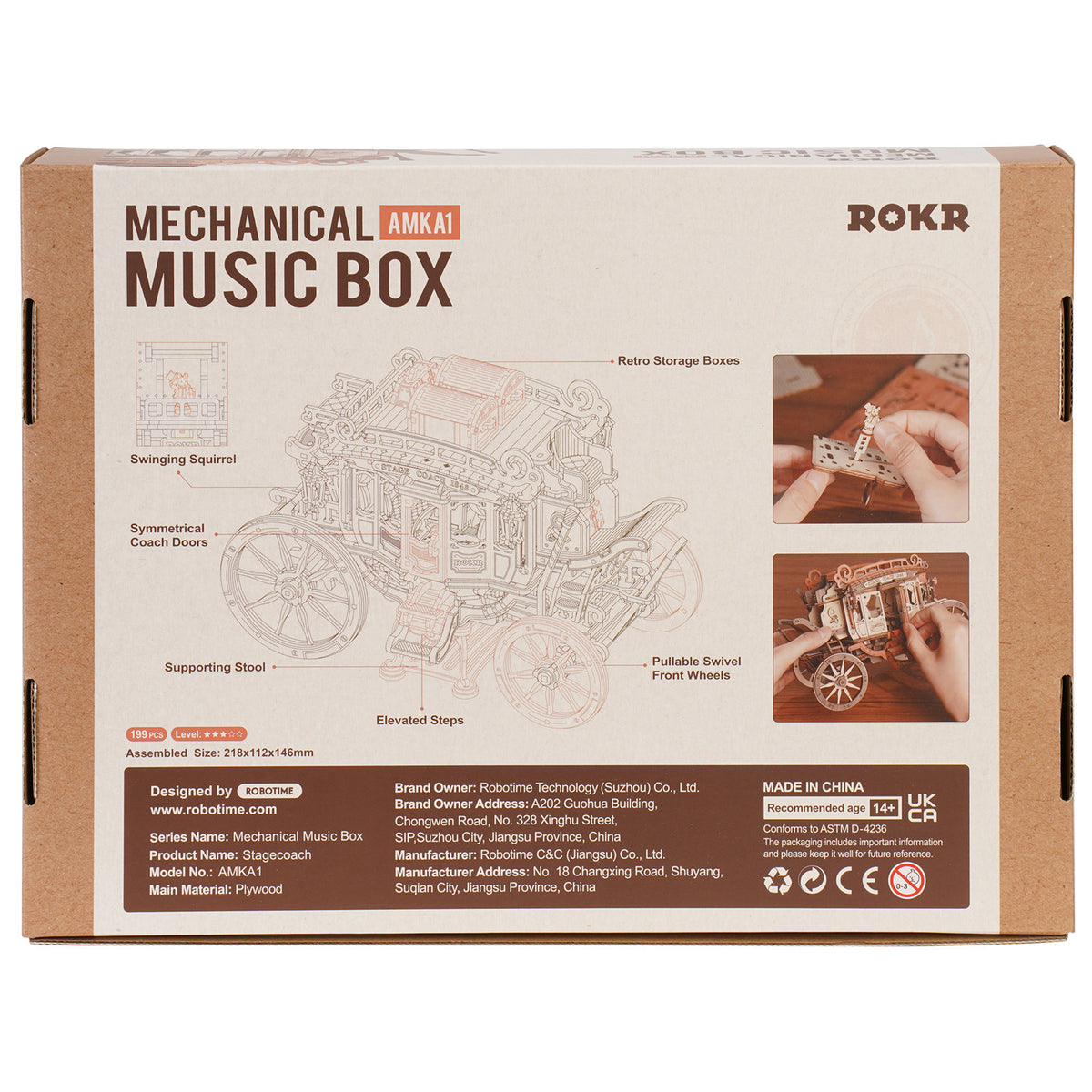 Rückseite der Verpackung der Robotime Stagecoach, Holzbausatz für eine Spieluhr in Form einer fahrenden altmodischen Kutsche