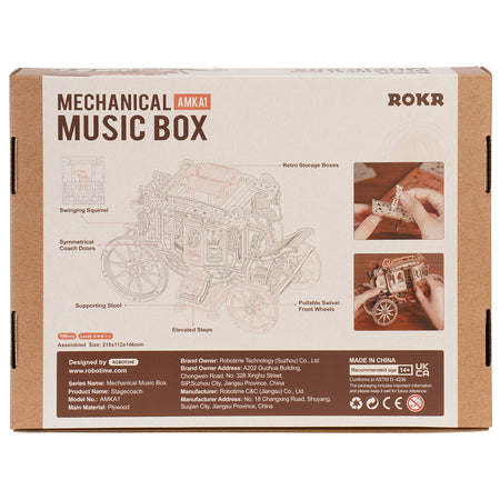 Rückseite der Verpackung der Robotime Stagecoach, Holzbausatz für eine Spieluhr in Form einer fahrenden altmodischen Kutsche