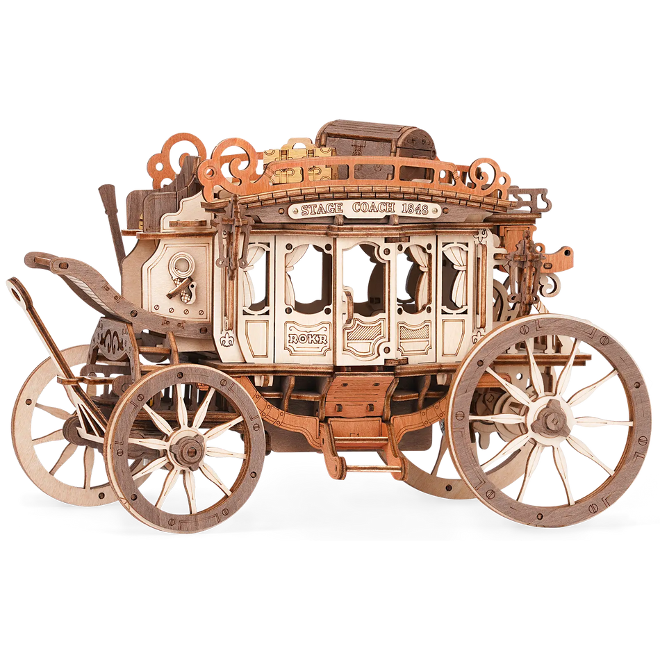 Produktfoto der Robotime Stagecoach, Holzbausatz für eine Spieluhr in Form einer fahrenden altmodischen Kutsche