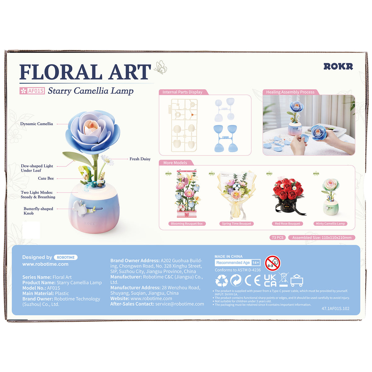 Rückseite der Verpackung der Robotime Starry Camellia Lamp, Kunststoff-Bausatz für eine zartblaue Nachtlampe in Form einer Kamelie
