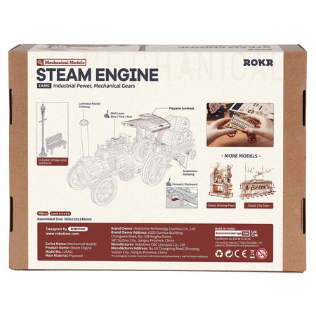 Rückseite der Verpackung der Robotime Steam Engine, Holzbausatz eines fahrenden Vintage-Dampffahrzeugs mit Anhänger
