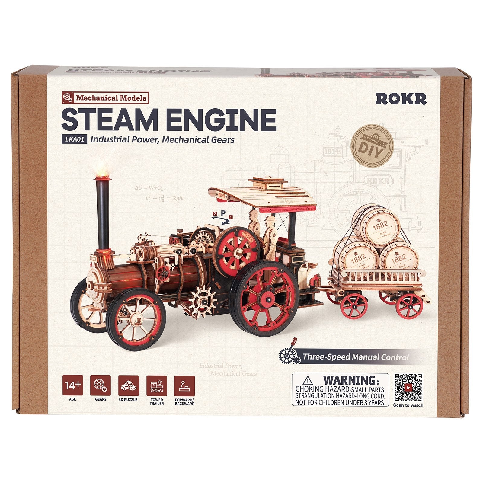 Vorderseite der Verpackung der Robotime Steam Engine, Holzbausatz eines fahrenden Vintage-Dampffahrzeugs mit Anhänger