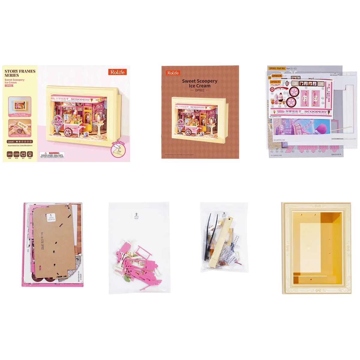 Packungsinhalt der Robotime Sweet Scoopery Ice Cream, Diorama in einem Rahmen eines Eiswagens vor einer niedlichen Eisdiele