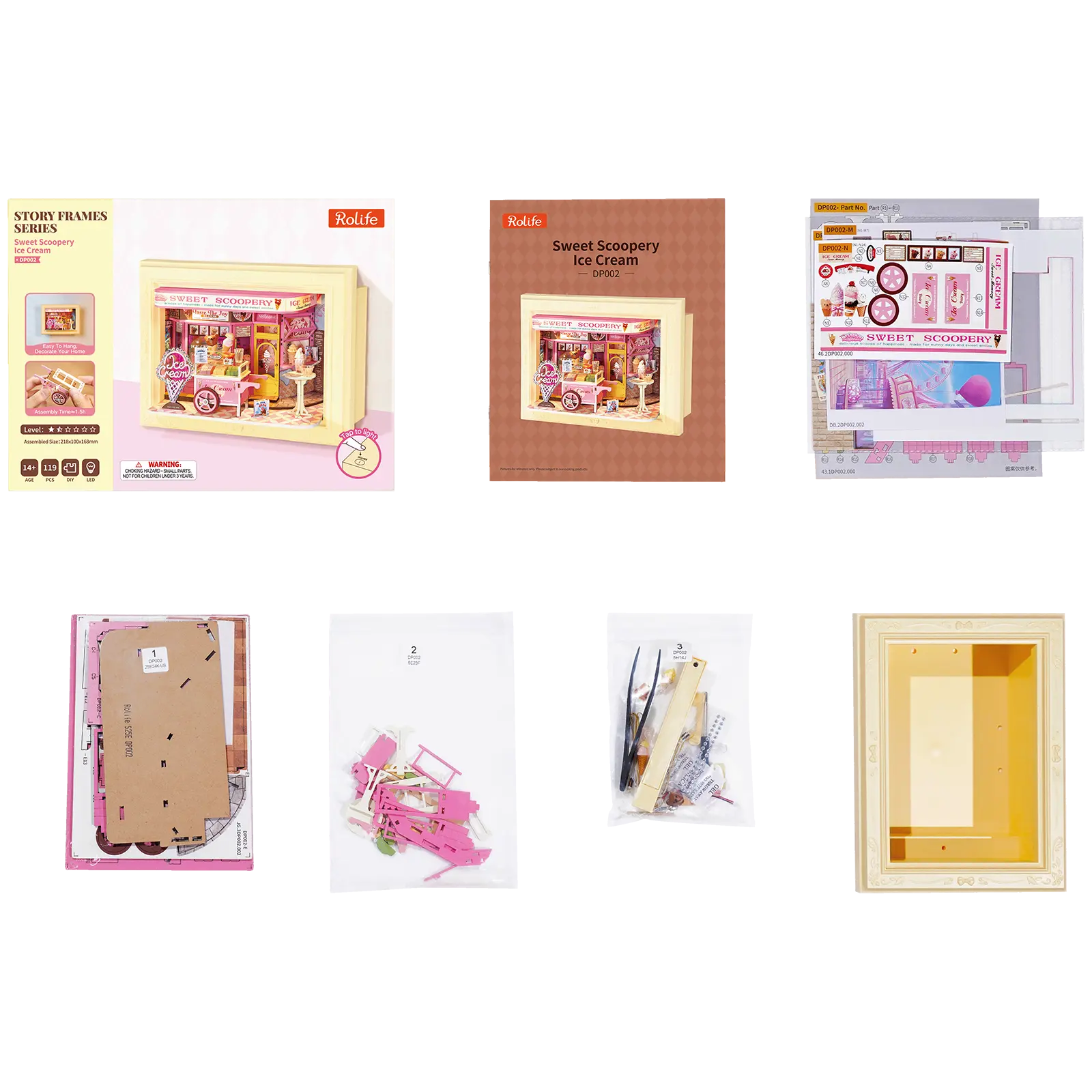 Packungsinhalt der Robotime Sweet Scoopery Ice Cream, Diorama in einem Rahmen eines Eiswagens vor einer niedlichen Eisdiele