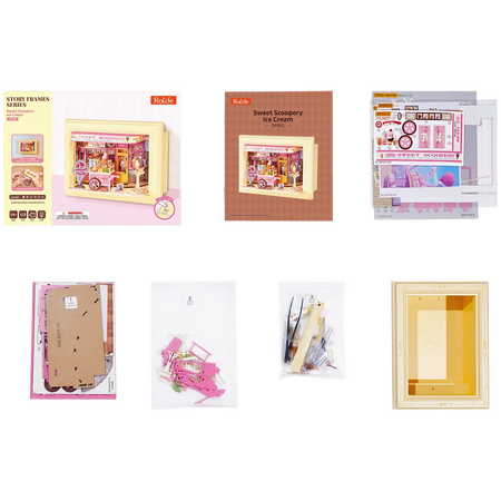 Packungsinhalt der Robotime Sweet Scoopery Ice Cream, Diorama in einem Rahmen eines Eiswagens vor einer niedlichen Eisdiele