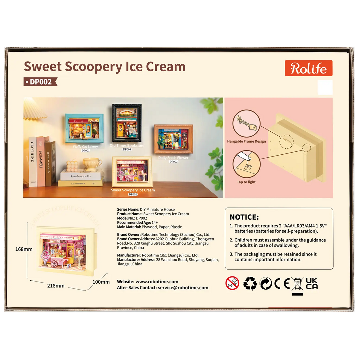 Rückseite der Verpackung der Robotime Sweet Scoopery Ice Cream, Diorama in einem Rahmen eines Eiswagens vor einer niedlichen Eisdiele