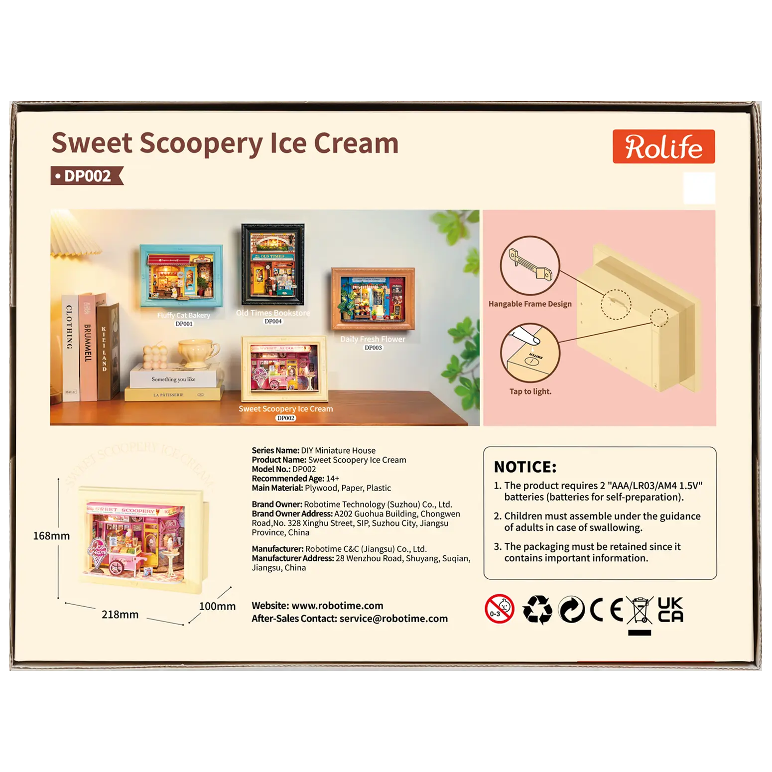 Rückseite der Verpackung der Robotime Sweet Scoopery Ice Cream, Diorama in einem Rahmen eines Eiswagens vor einer niedlichen Eisdiele