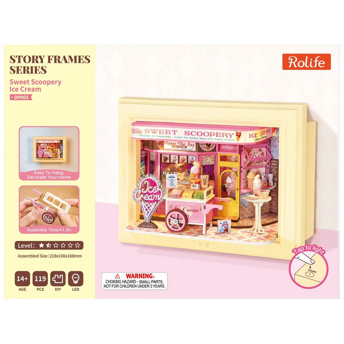 Vorderseite der Verpackung der Robotime Sweet Scoopery Ice Cream, Diorama in einem Rahmen eines Eiswagens vor einer niedlichen Eisdiele 