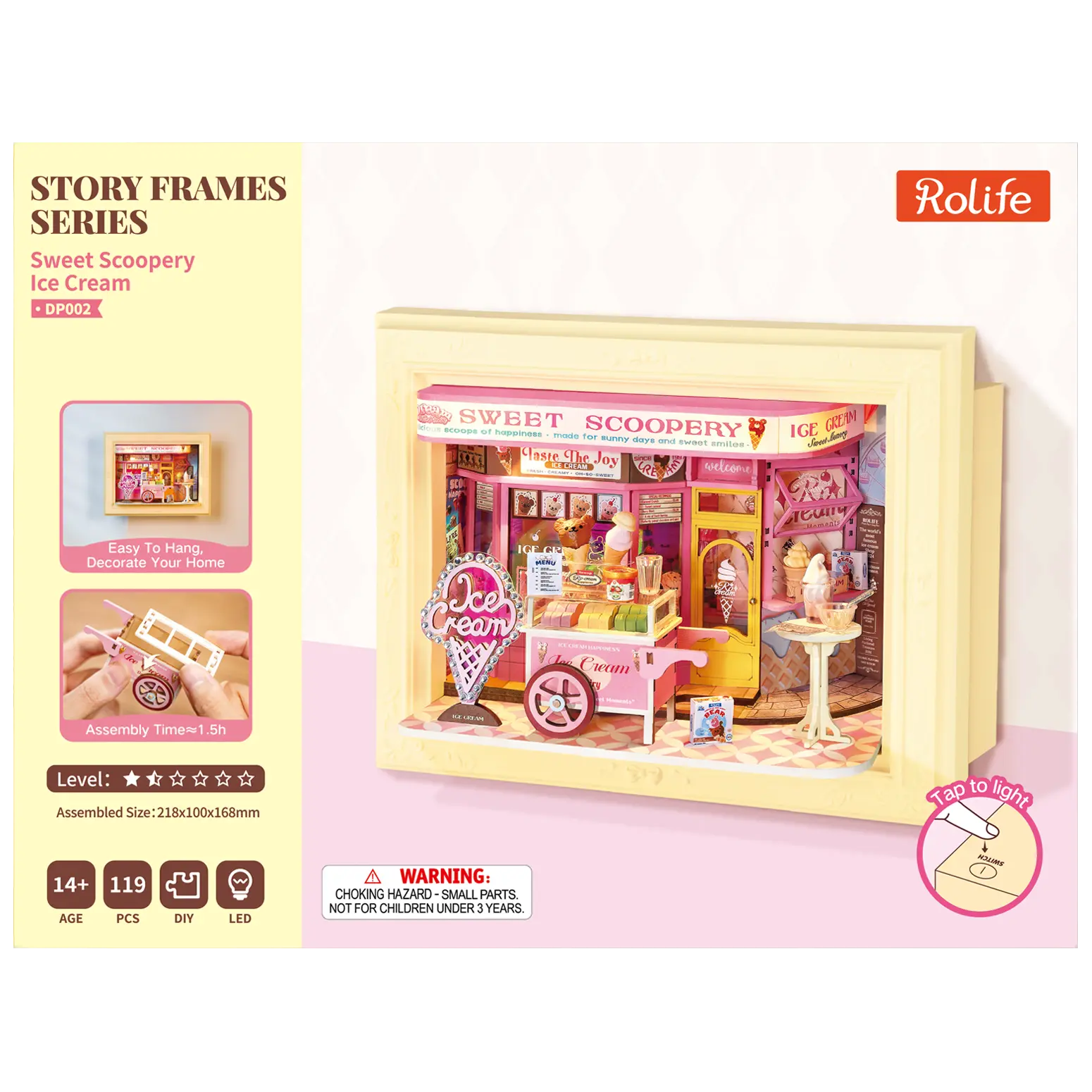 Vorderseite der Verpackung der Robotime Sweet Scoopery Ice Cream, Diorama in einem Rahmen eines Eiswagens vor einer niedlichen Eisdiele 