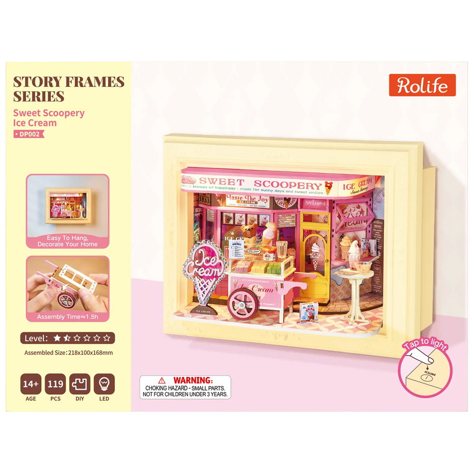 Vorderseite der Verpackung der Robotime Sweet Scoopery Ice Cream, Diorama in einem Rahmen eines Eiswagens vor einer niedlichen Eisdiele 