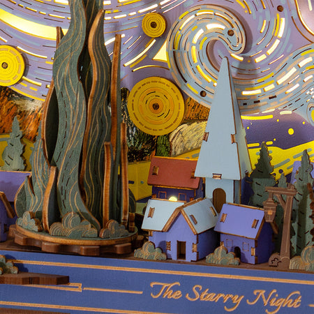 Die flammende Zypresse neben der Kirche im Dorf von Robotime The Starry Night