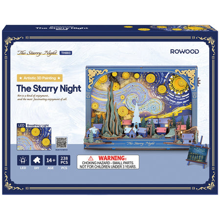 Vorderseite der Verpackung der Robotime The Starry Night, Holz-Diorama-Bausatz von Van Goghs Sternennacht