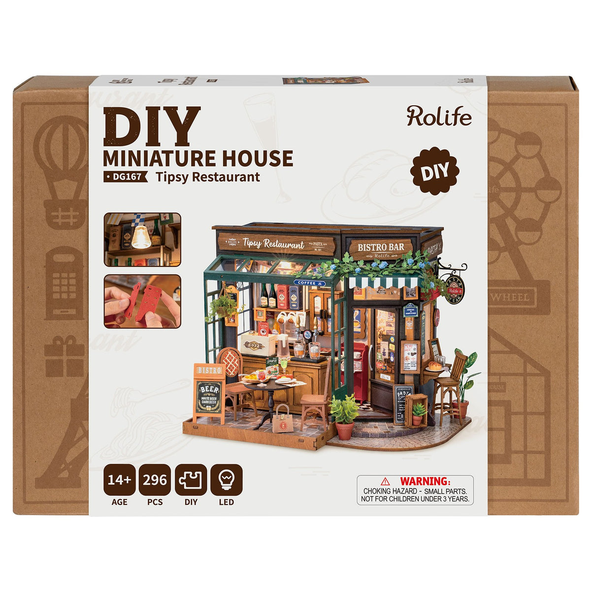 Vorderseite der Verpackung der Robotime Tipsy Restaurant, gemütliches Miniatur-Restaurant im altmodischen Stil