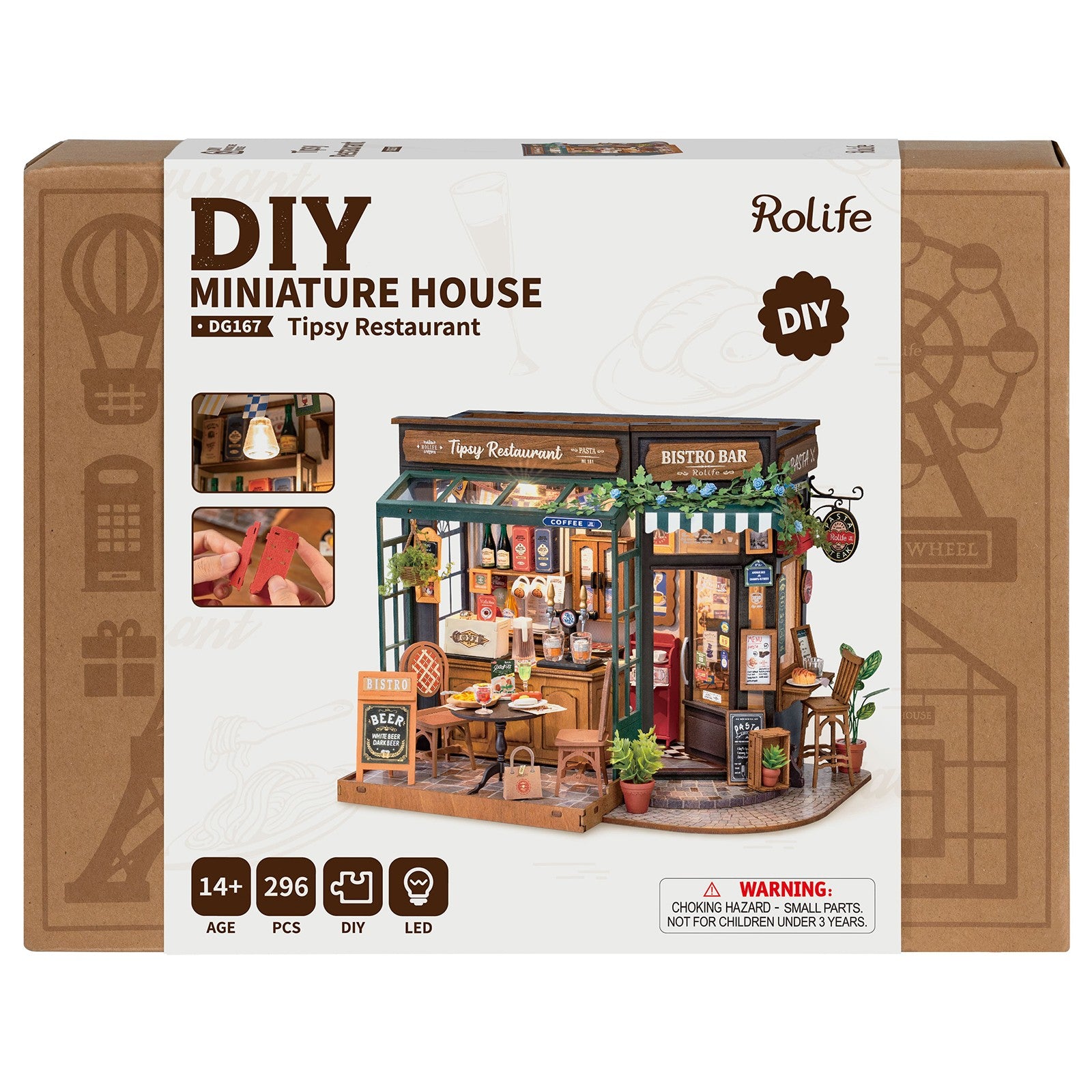 Vorderseite der Verpackung der Robotime Tipsy Restaurant, gemütliches Miniatur-Restaurant im altmodischen Stil