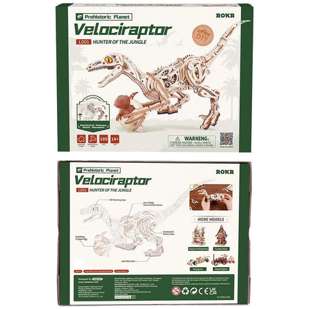 Vorderseite und rückseite der Verpackung der Robotime Velociraptor, Holzbausatz eines echt laufenden Dinosauriers