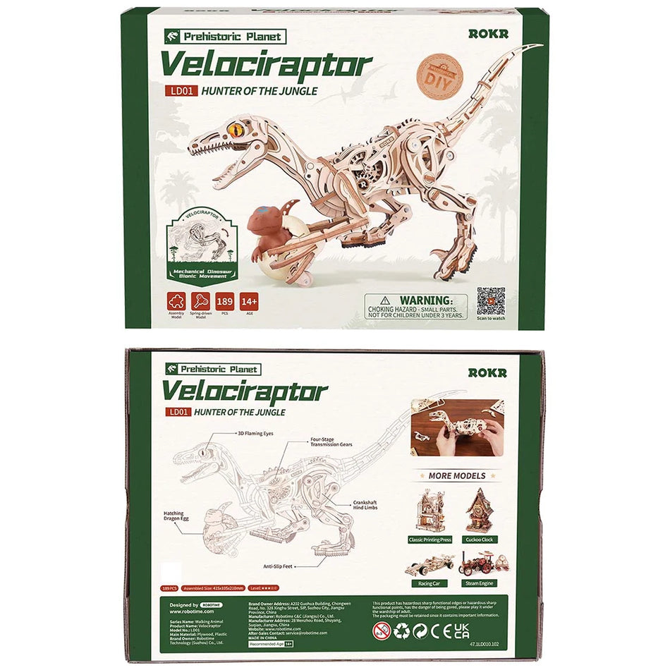 Vorderseite und rückseite der Verpackung der Robotime Velociraptor, Holzbausatz eines echt laufenden Dinosauriers
