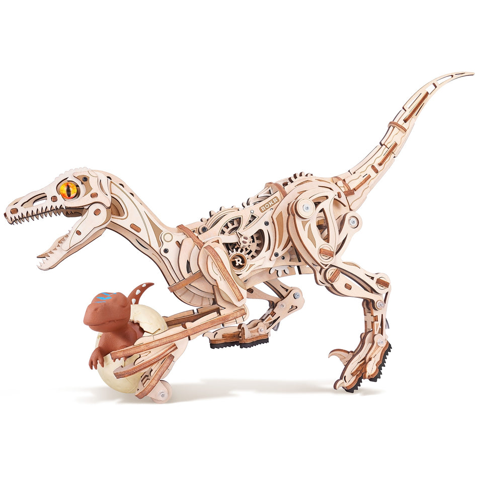 Produktfoto der Robotime Velociraptor, Holzbausatz eines echt laufenden Dinosauriers