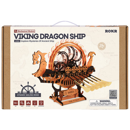 Vorderseite der Verpackung der Robotime Viking Dragon Ship, Holzbausatz eines Wikingerschiffs mit beweglichen Rudern und leuchtendem Rad auf dem Deck
