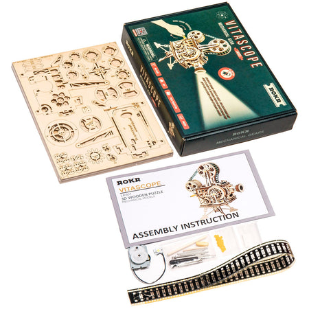 Packungsinhalt der Robotime Vitascope, Holzbausatz eines funktionierenden Filmprojektors