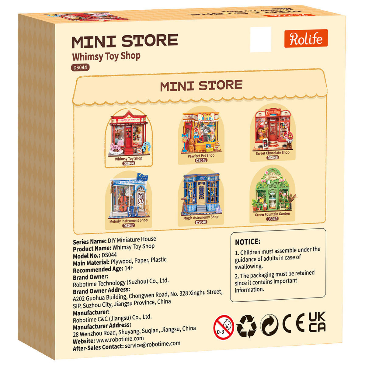 Rückseite der Verpackung der Robotime Whimsy Toy Shop, Bausatz für ein Miniaturhaus eines Spielzeugladens mit altmodischem Spielzeug
