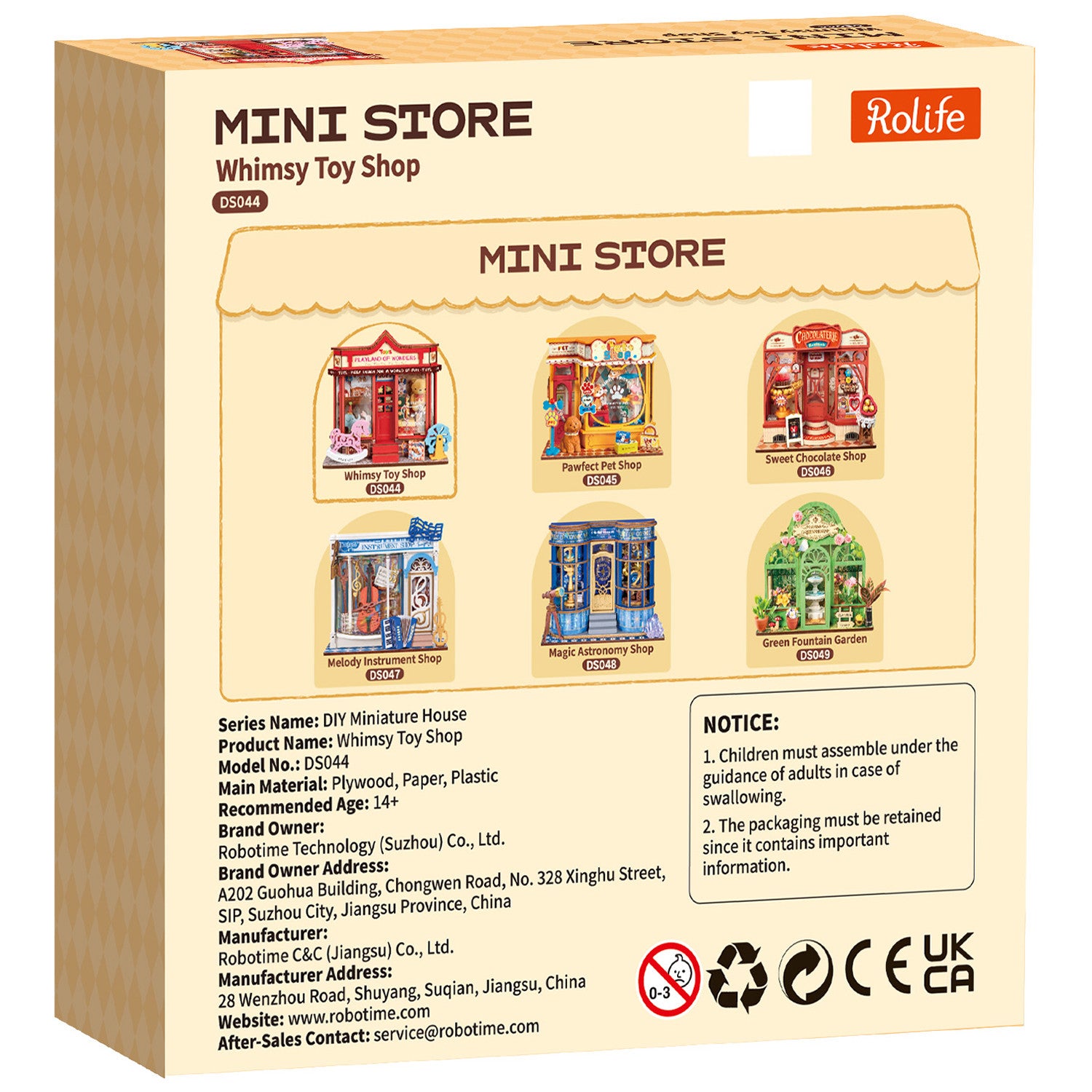 Rückseite der Verpackung der Robotime Whimsy Toy Shop, Bausatz für ein Miniaturhaus eines Spielzeugladens mit altmodischem Spielzeug