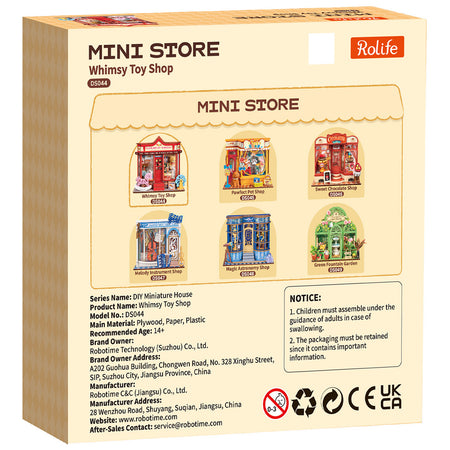 Rückseite der Verpackung der Robotime Whimsy Toy Shop, Bausatz für ein Miniaturhaus eines Spielzeugladens mit altmodischem Spielzeug