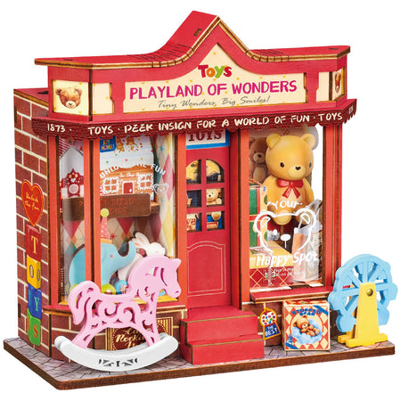Produktfoto der Robotime Whimsy Toy Shop, Bausatz für ein Miniaturhaus eines Spielzeugladens mit altmodischem Spielzeug