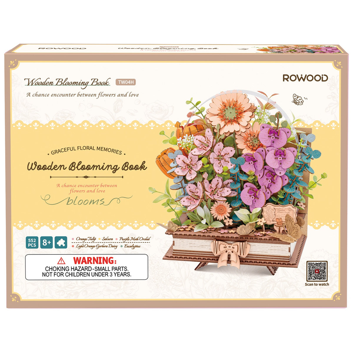 Vorderseite der Verpackung der Robotime Wooden Blooming Book, Holzbausatz eines Blumenstraußes auf einem geschlossenen Buch