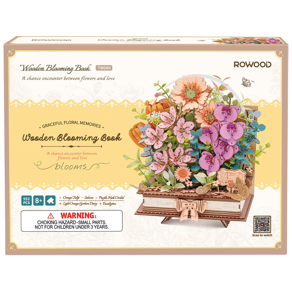 Vorderseite der Verpackung der Robotime Wooden Blooming Book, Holzbausatz eines Blumenstraußes auf einem geschlossenen Buch