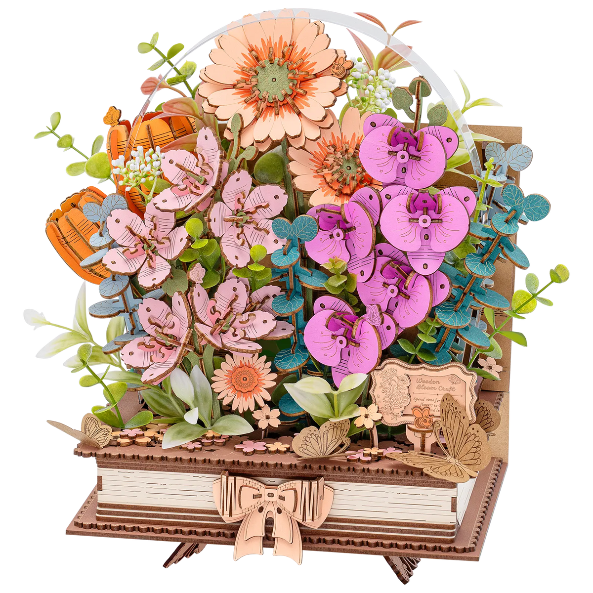 Produktfoto der Robotime Wooden Blooming Book, Holzbausatz eines Blumenstraußes auf einem geschlossenen Buch