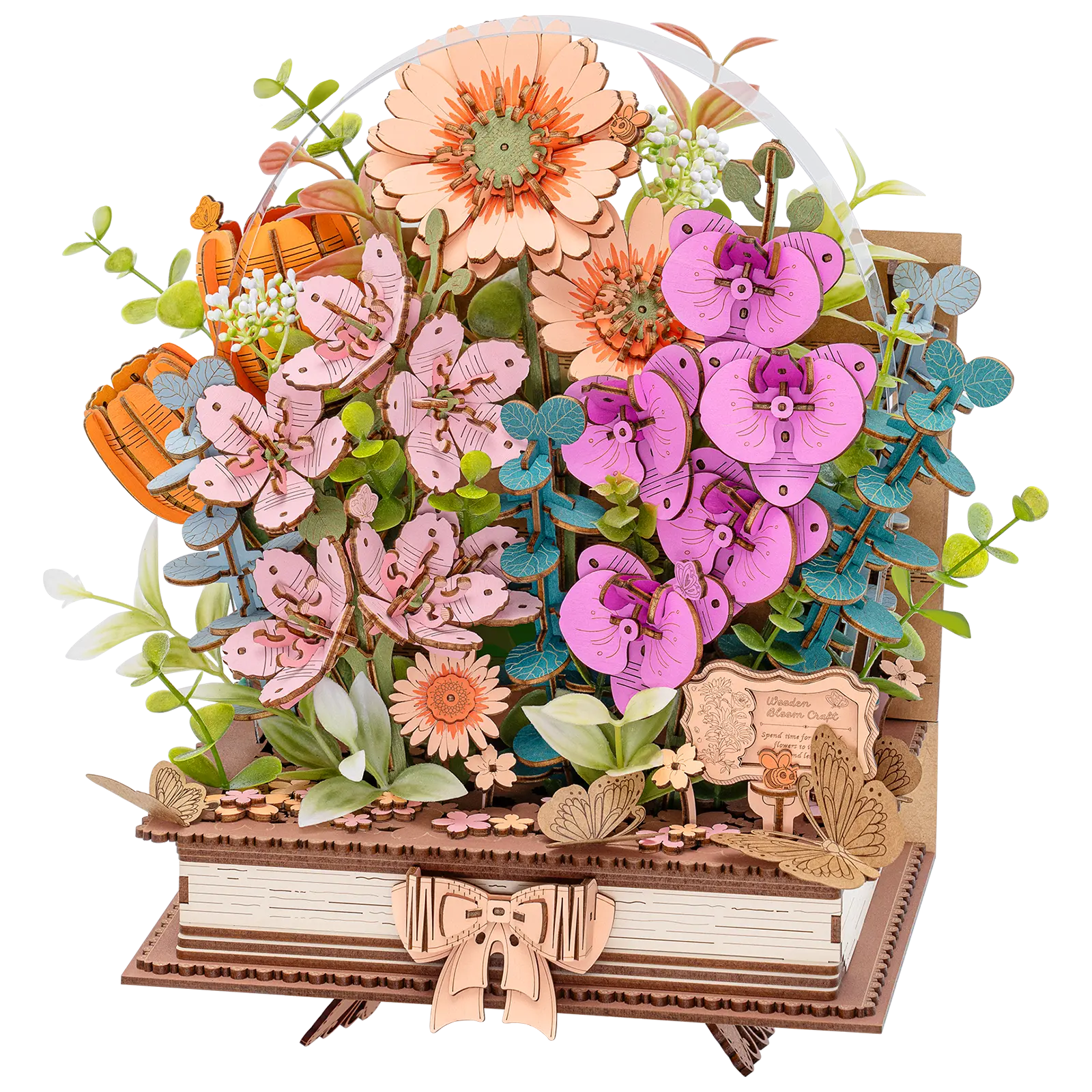 Produktfoto der Robotime Wooden Blooming Book, Holzbausatz eines Blumenstraußes auf einem geschlossenen Buch