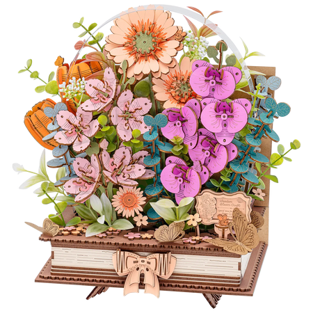 Produktfoto der Robotime Wooden Blooming Book, Holzbausatz eines Blumenstraußes auf einem geschlossenen Buch