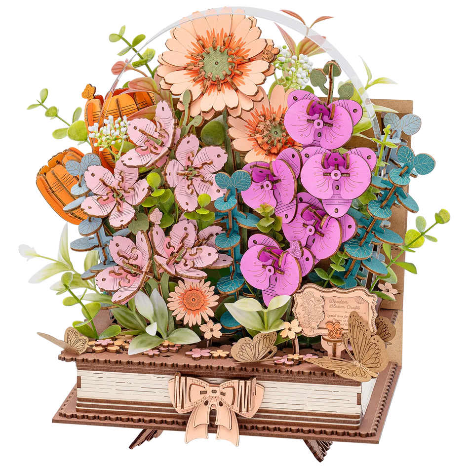 Produktfoto der Robotime Wooden Blooming Book, Holzbausatz eines Blumenstraußes auf einem geschlossenen Buch