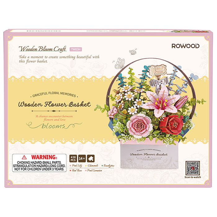 Vorderseite der Verpackung der Robotime Wooden Flower Basket, Holzbausatz eines Korbes mit Holzblumen 