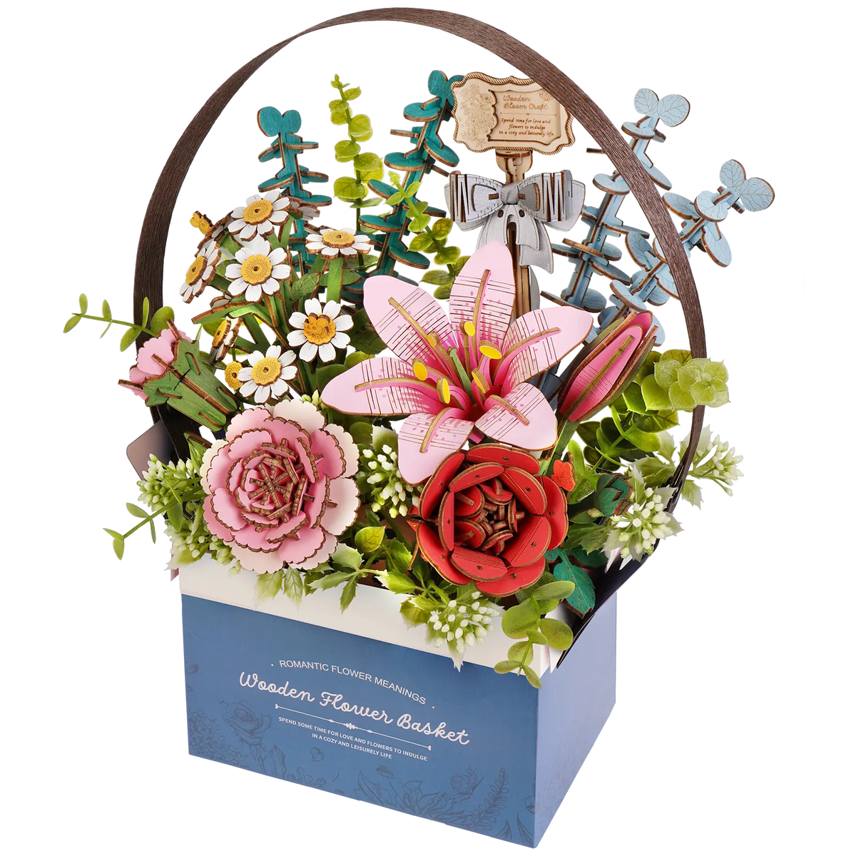 Produktfoto der Robotime Wooden Flower Basket mit blauem Korb