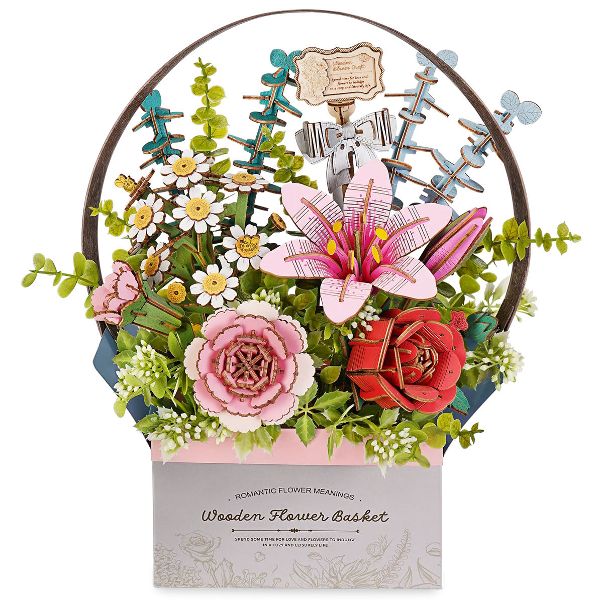 Produktfoto der Robotime Wooden Flower Basket, Holzbausatz eines Korbes mit Holzblumen 