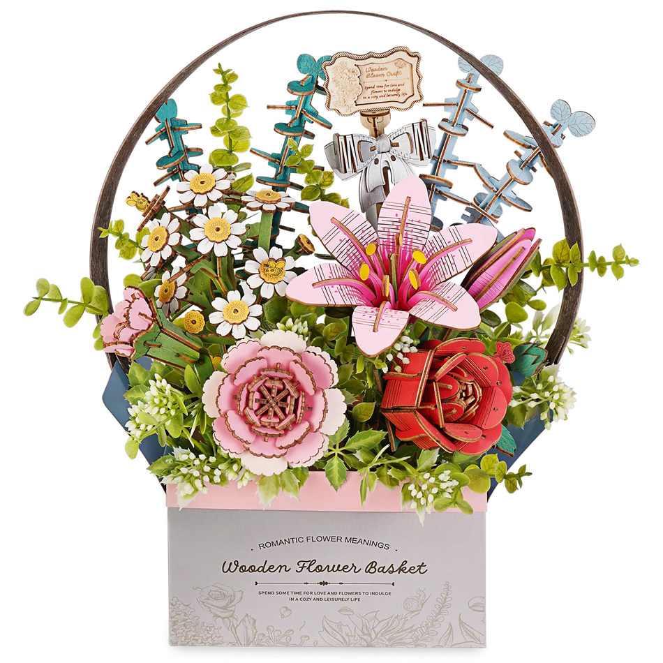 Produktfoto der Robotime Wooden Flower Basket, Holzbausatz eines Korbes mit Holzblumen 