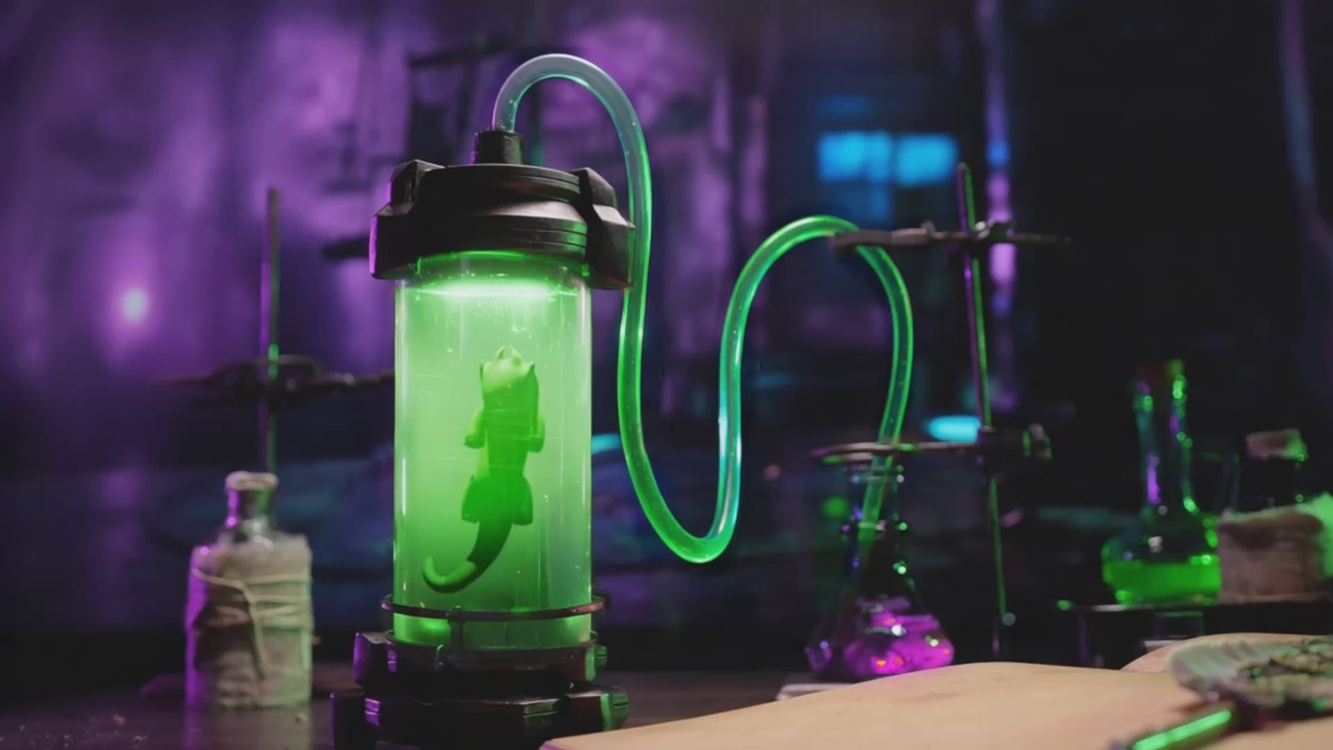 Atmosphärische Videopräsentation der Robotime Marble Run Alchemy City, grüne und violette Kunststoff-Murmelbahn mit futuristischem Thema