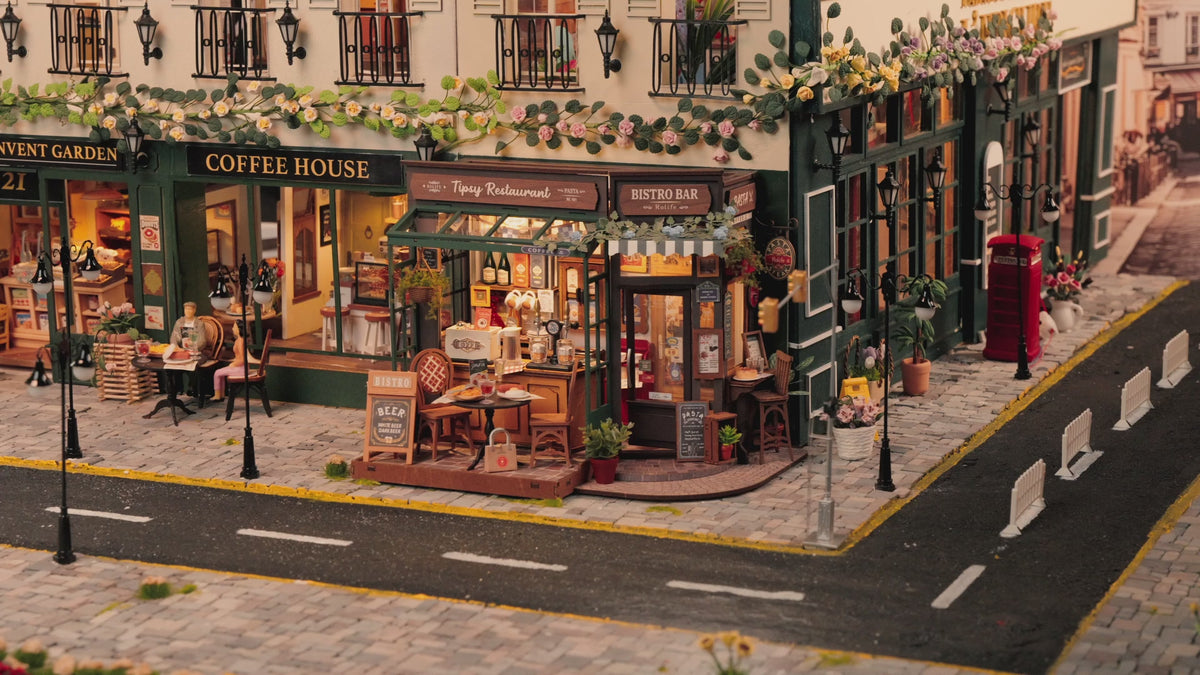 Atmosphärische Videopräsentation der Robotime Tipsy Restaurant, gemütliches Miniatur-Restaurant im altmodischen Stil