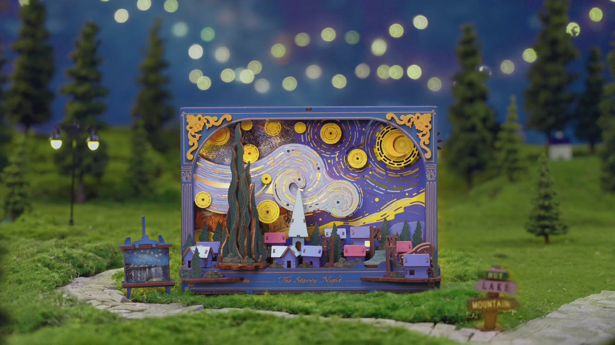Atmosphärische Videopräsentation der Robotime The Starry Night, Holz-Diorama-Bausatz von Van Goghs Sternennacht