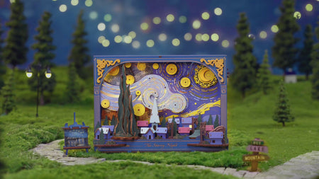 Atmosphärische Videopräsentation der Robotime The Starry Night, Holz-Diorama-Bausatz von Van Goghs Sternennacht